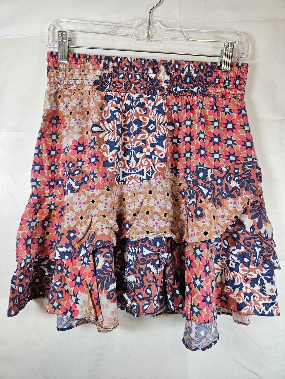 CAbi Patchwork Floral Tiered Skirt - Pink, Navy & Tan Farmhouse Prairie Peasant